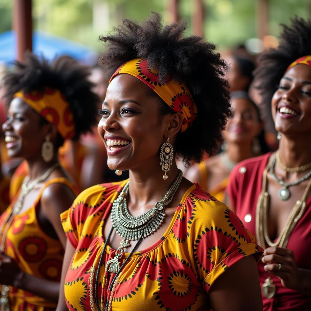 Women in vibrant attire celebrate with traditional dance