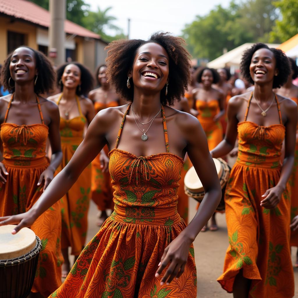 Women in colorful attire dancing during a traditional African celebration