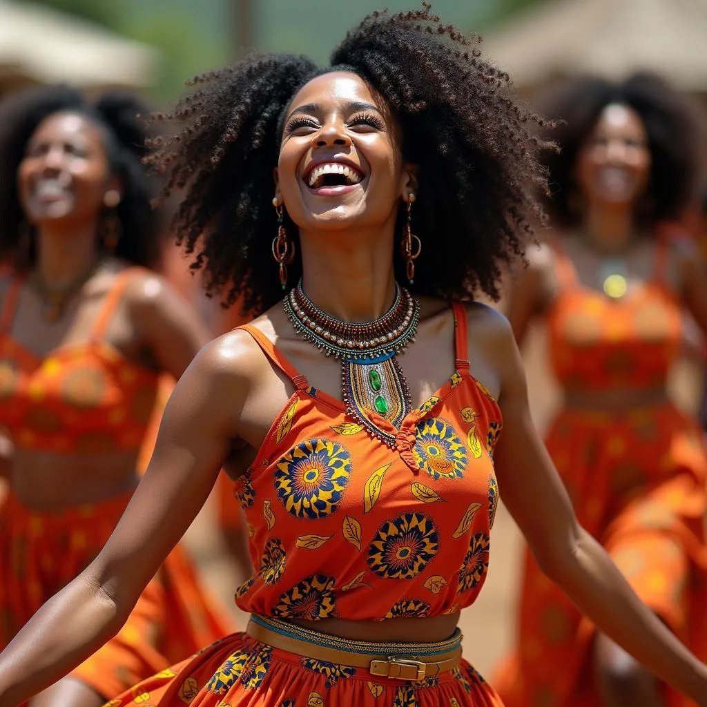 Women in vibrant attire perform a traditional African dance, celebrating femininity and cultural heritage