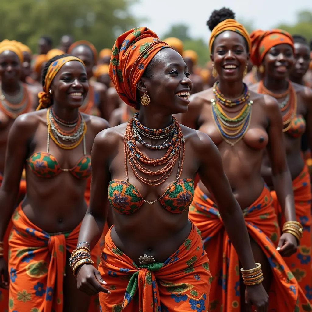 Women in vibrant traditional attire dancing with bare chests