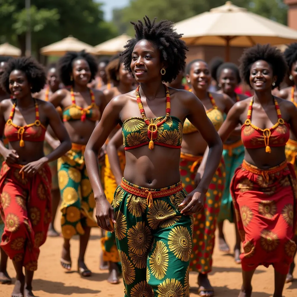 Women in vibrant attire perform a traditional African dance, their movements emphasizing the hips and lower body.