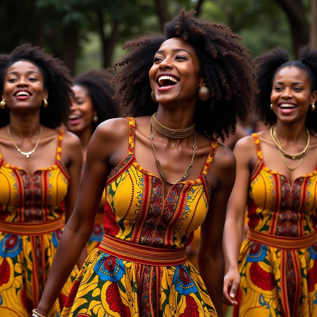 Women in colorful traditional attire dance with joy, showcasing the vibrancy of African culture