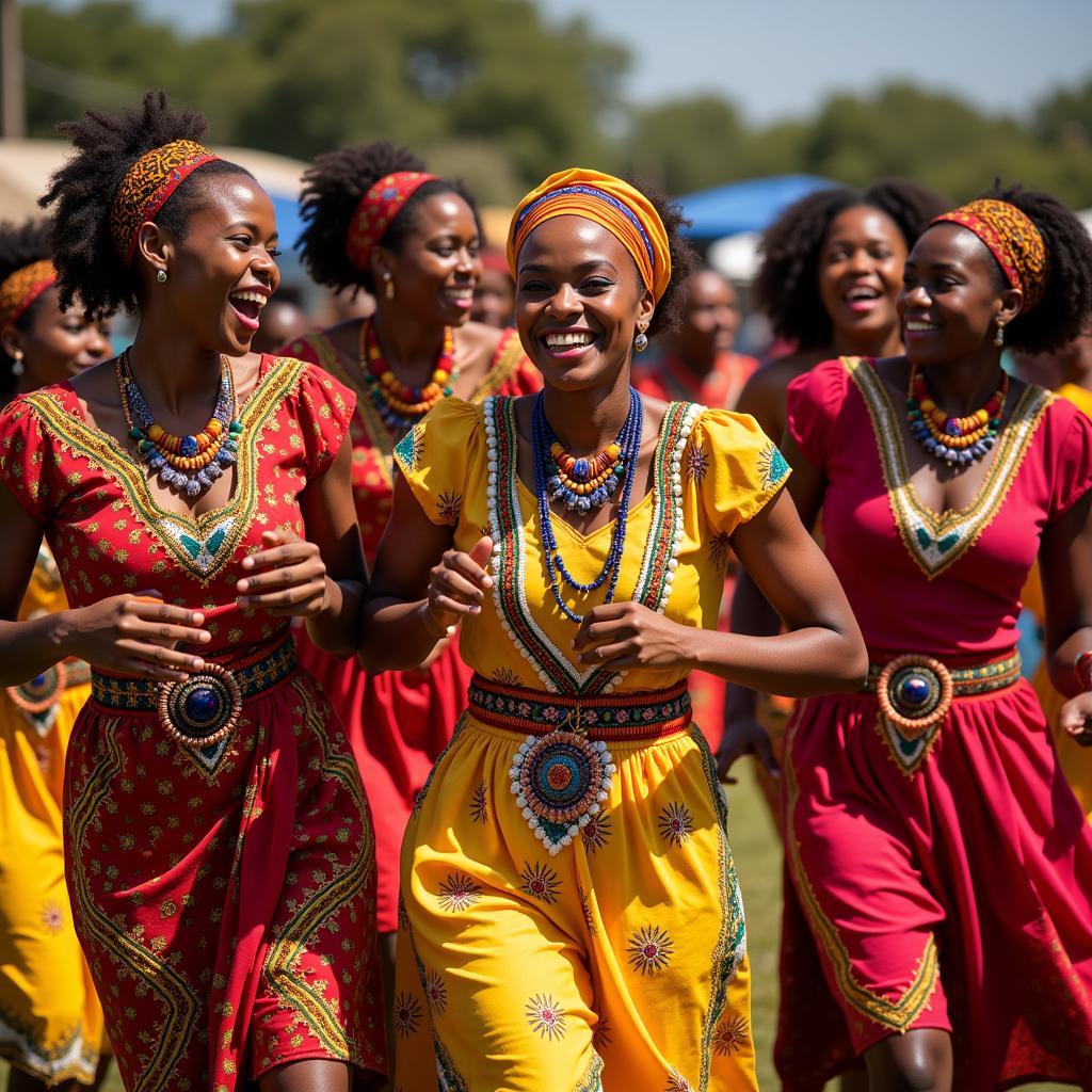 African women in colorful traditional attire dancing in a circle