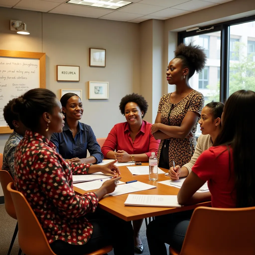 A group of African women participating in an empowerment workshop, with one woman leading the discussion