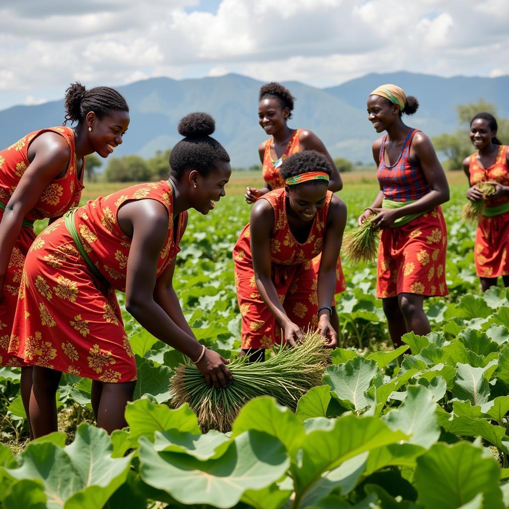 A group of African women farmers work together in a cooperative