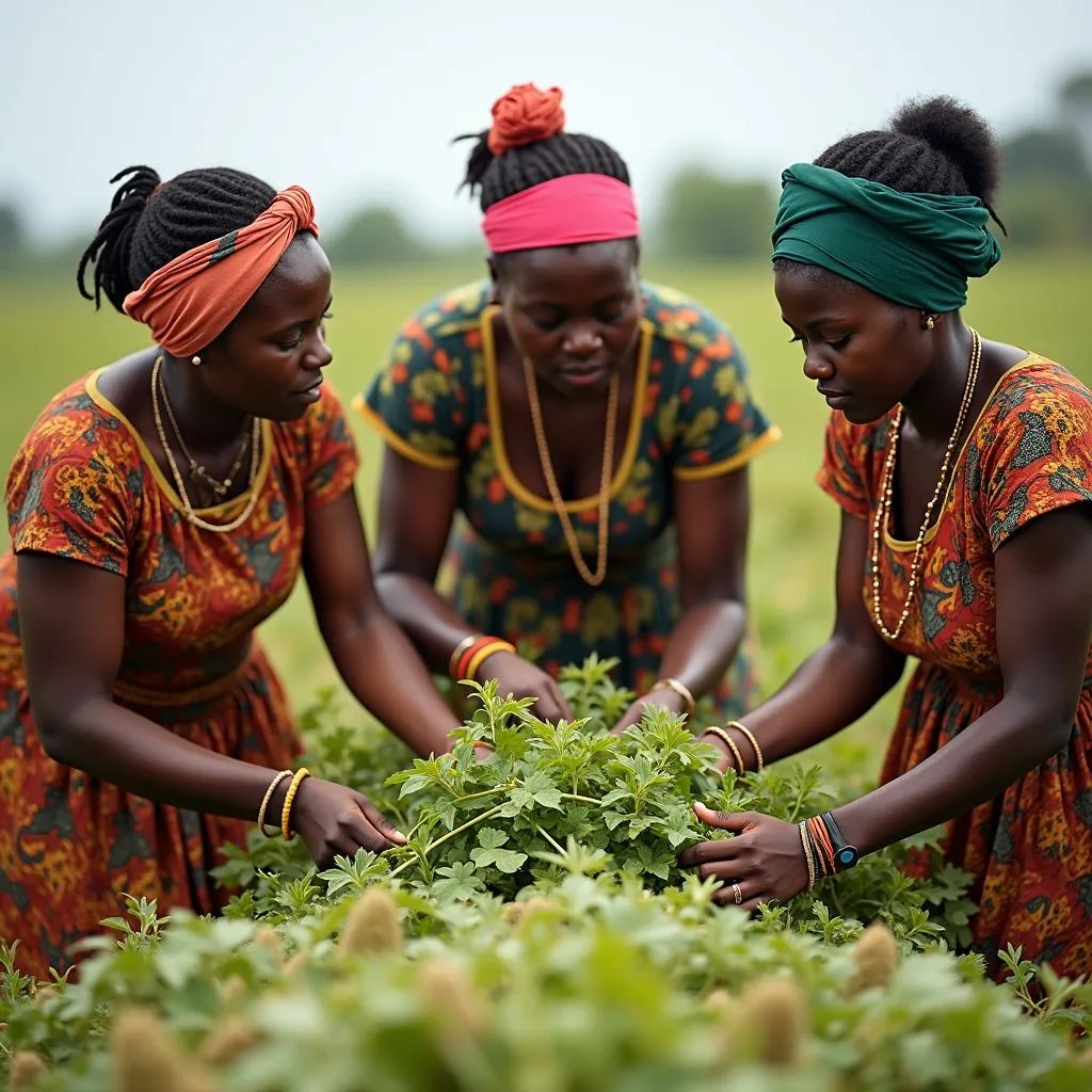 African women collaboratively harvesting crops