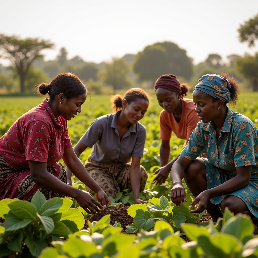 African women farmers tending to crops