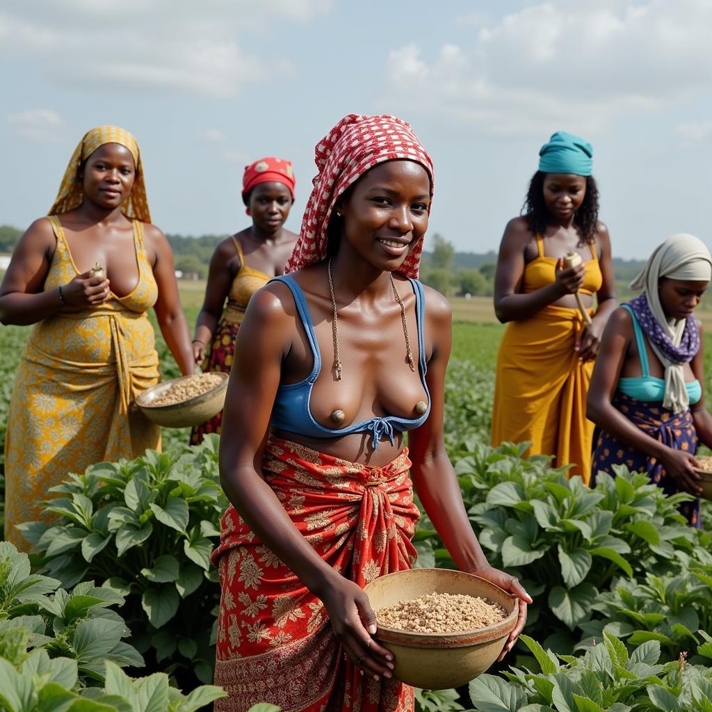 African women working on a farm with bare chests