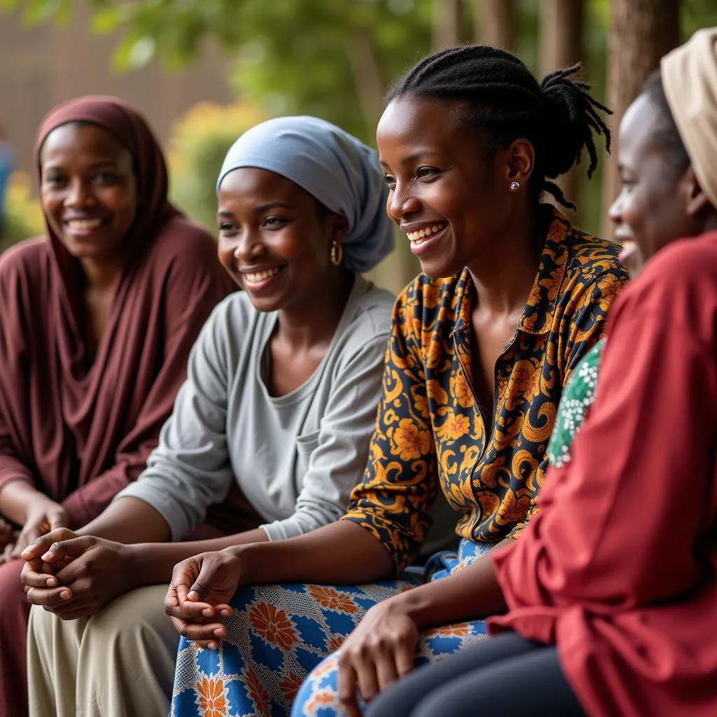 Group of African women engaged in a lively discussion, symbolizing community engagement in addressing forced marriage