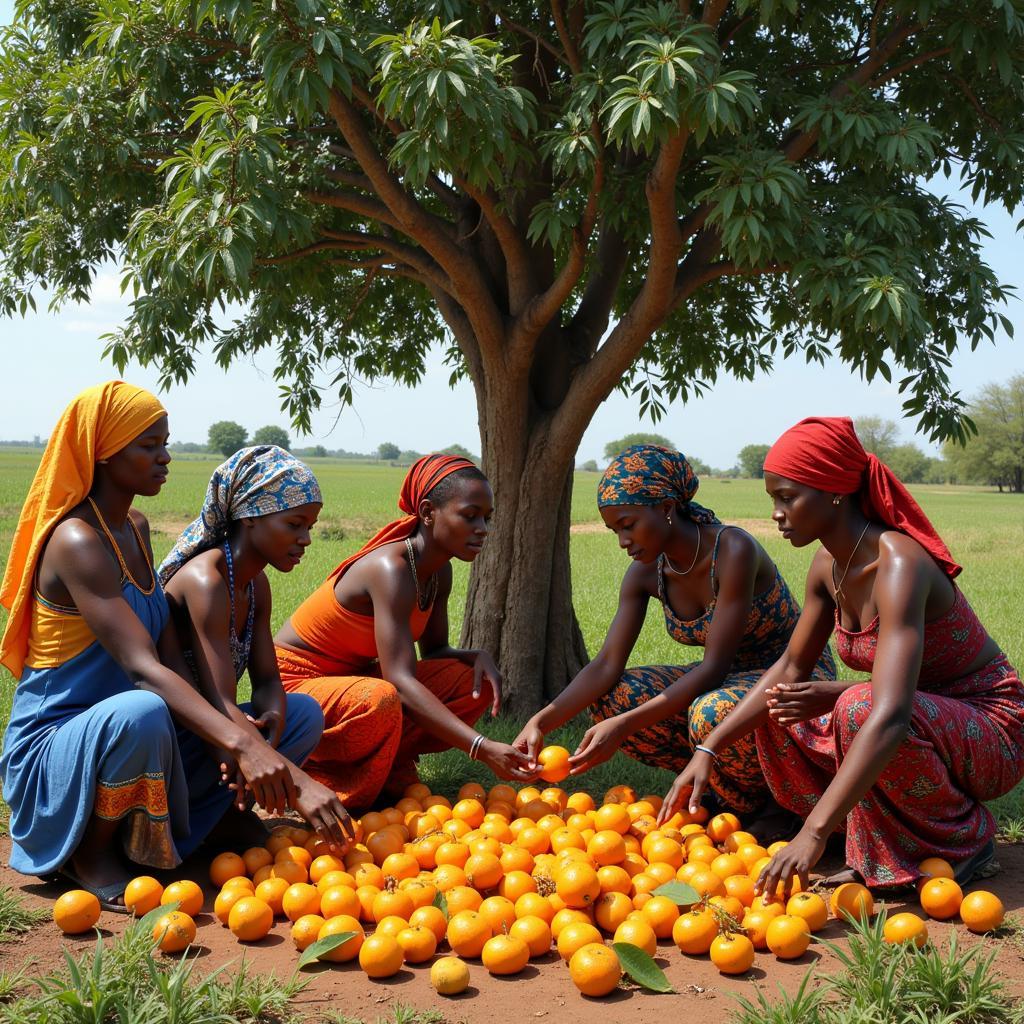 African women gathering African fruit medlar fruits