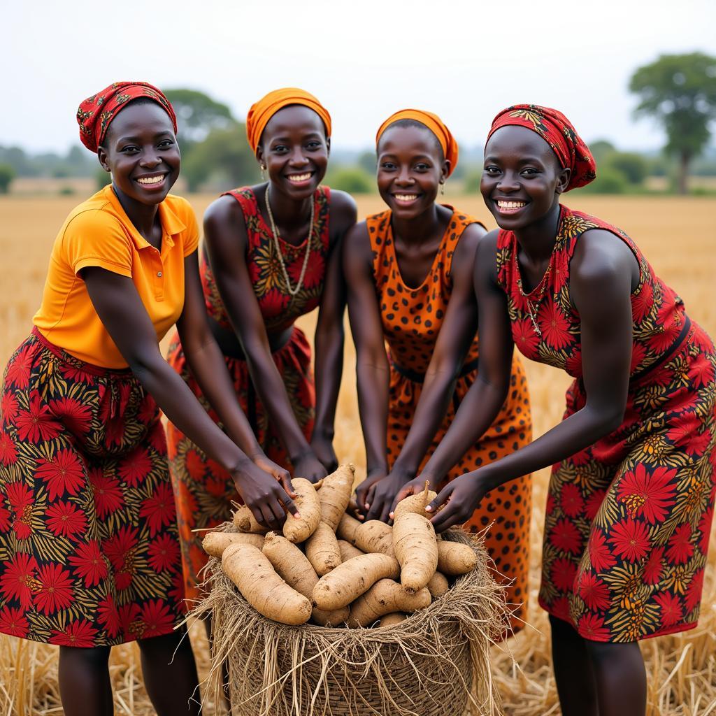 Women Harvesting Cassava in a Rural African Village