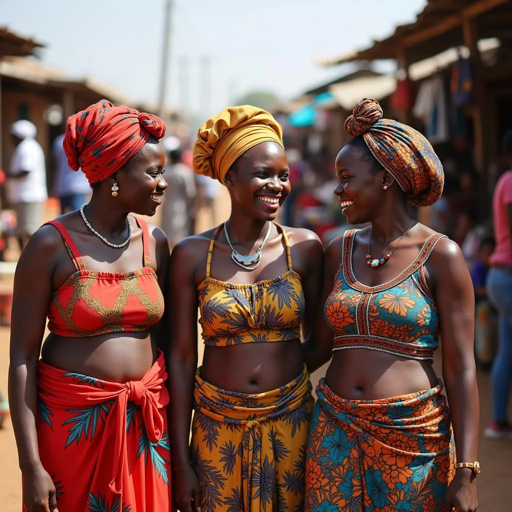 Three African women laughing together at a bustling market