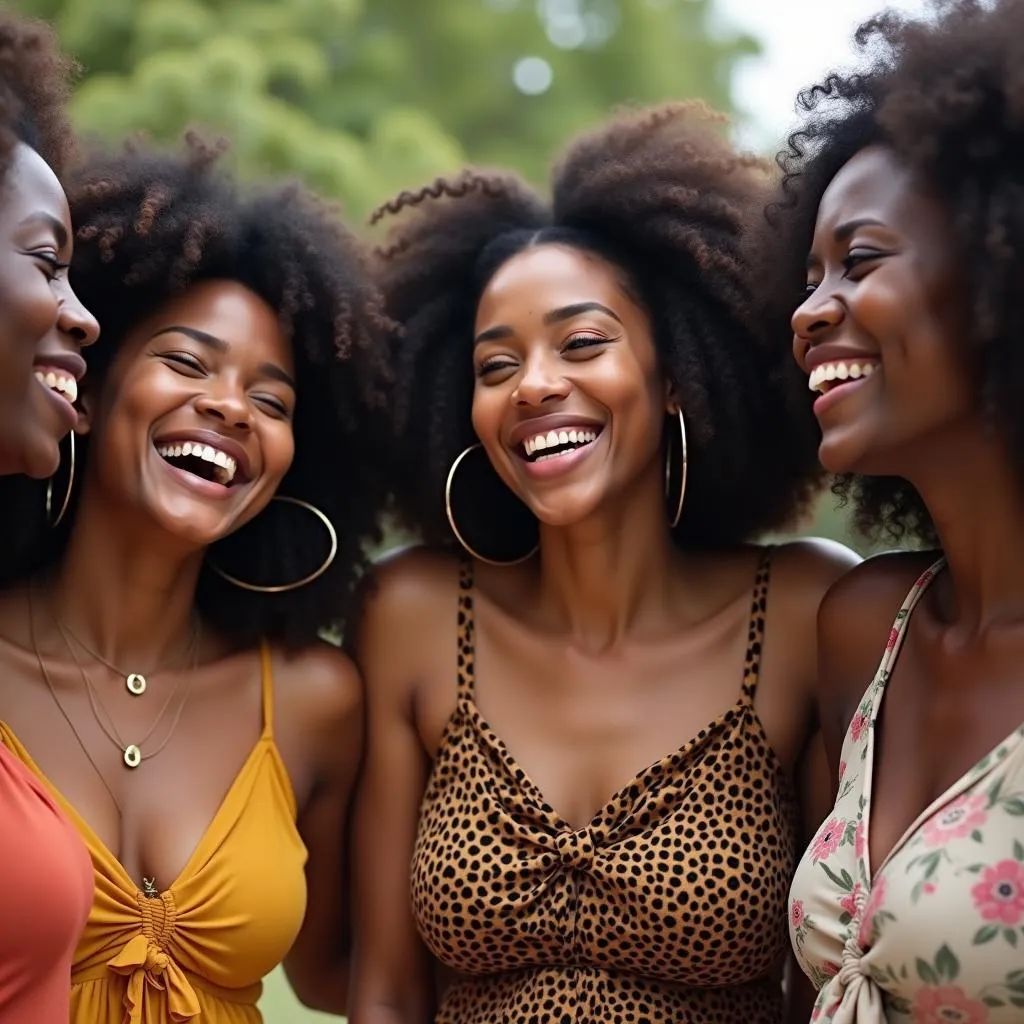 Group of diverse African women laughing together outdoors in a park, radiating joy and confidence