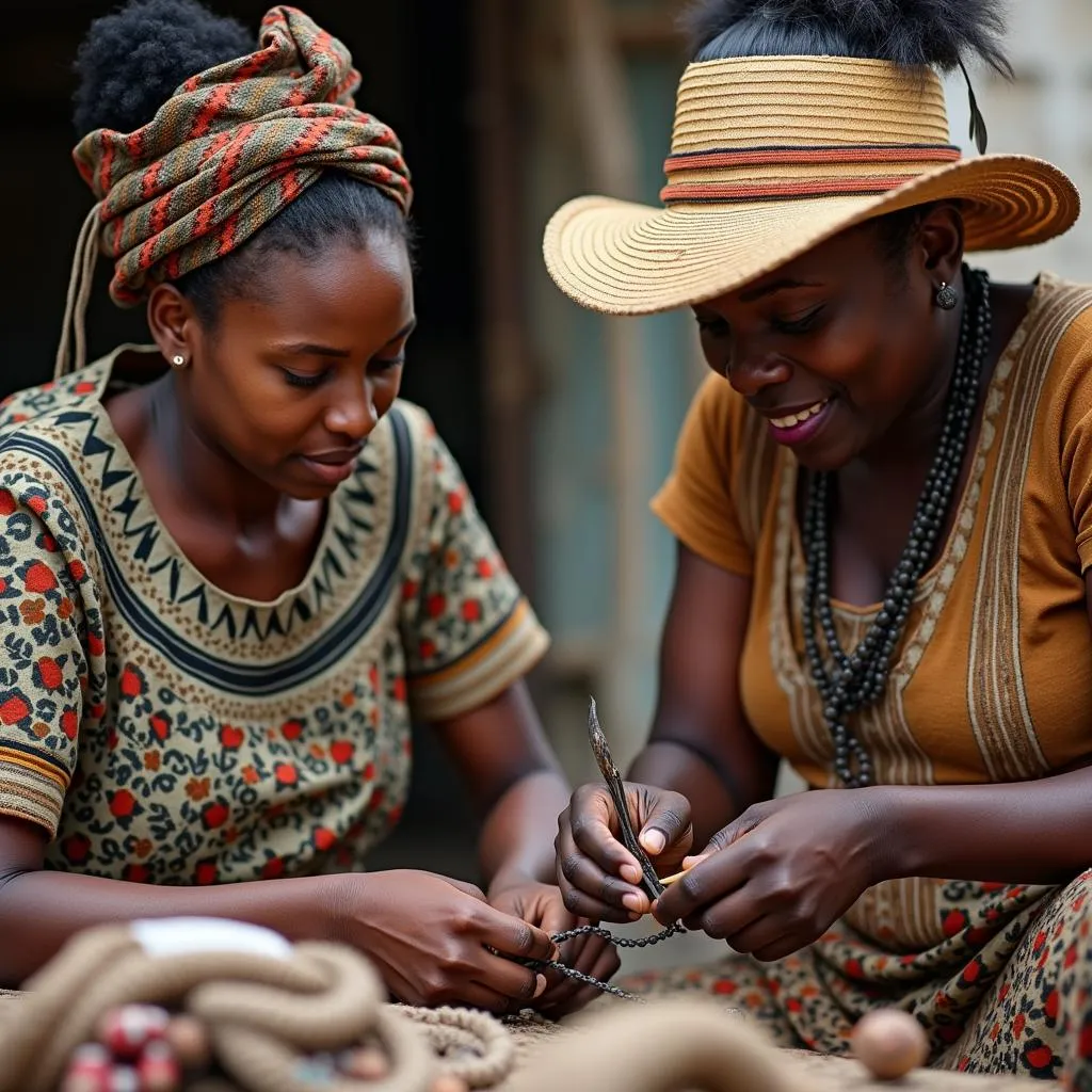 African Women Crafting a Traditional Feather Hat