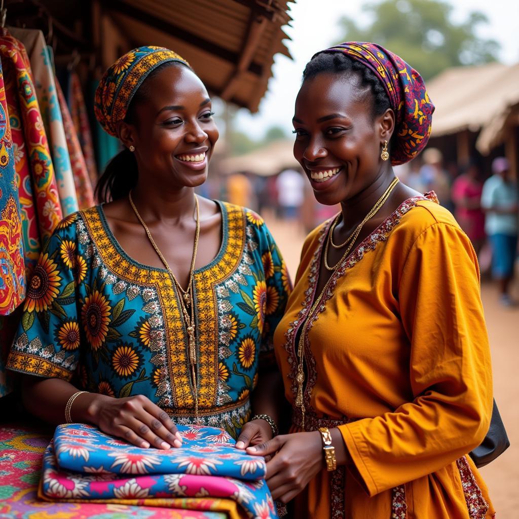 Two African women shopping for colorful fabrics in a bustling market