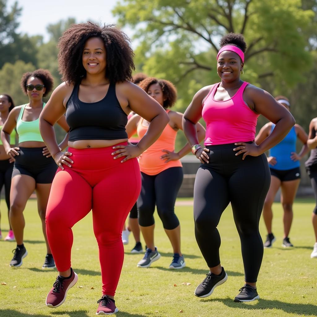 African women of different body types participating in a group fitness activity