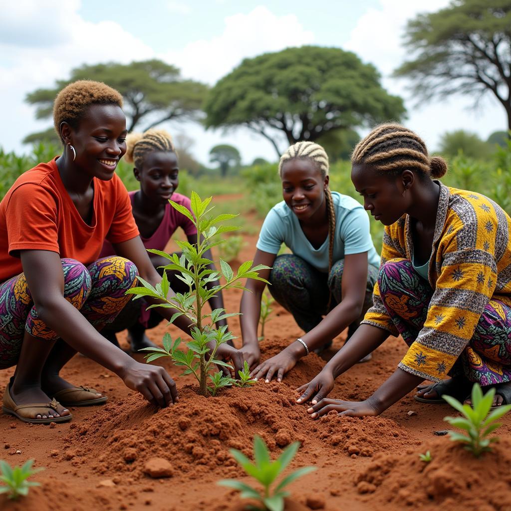 African Women Planting Acacia Seedlings