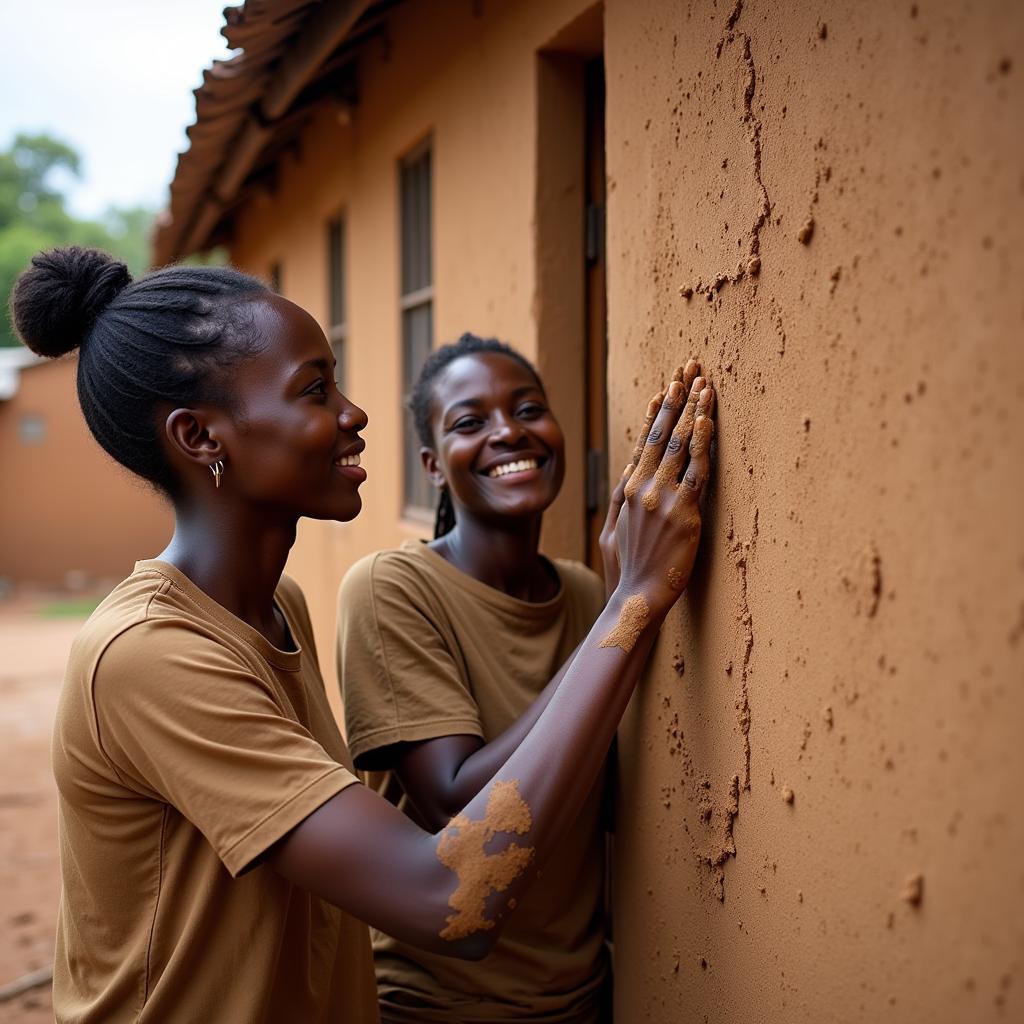 African Women Plastering a Mud House