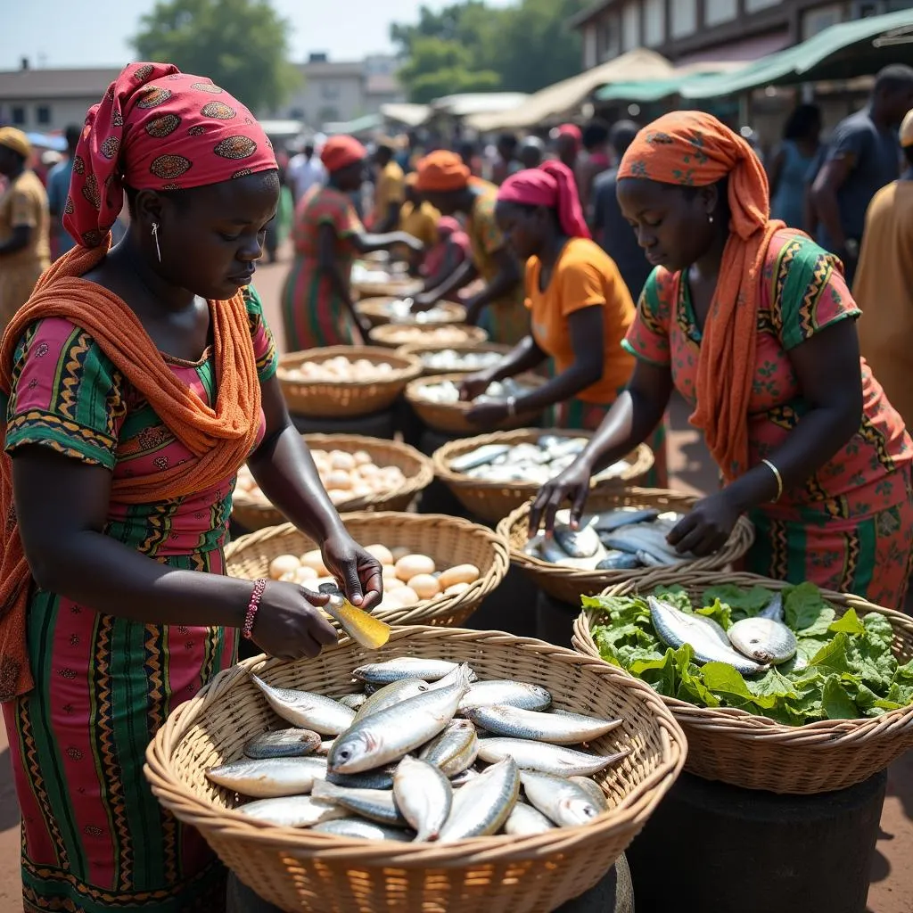 African women preparing fermented fish in a market