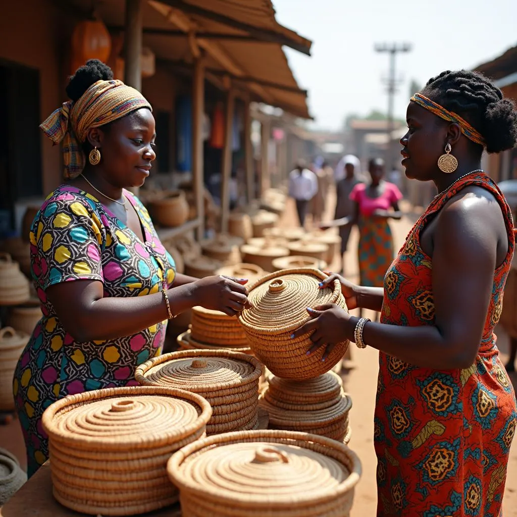 A group of Ghanaian women selling their Bolga baskets.