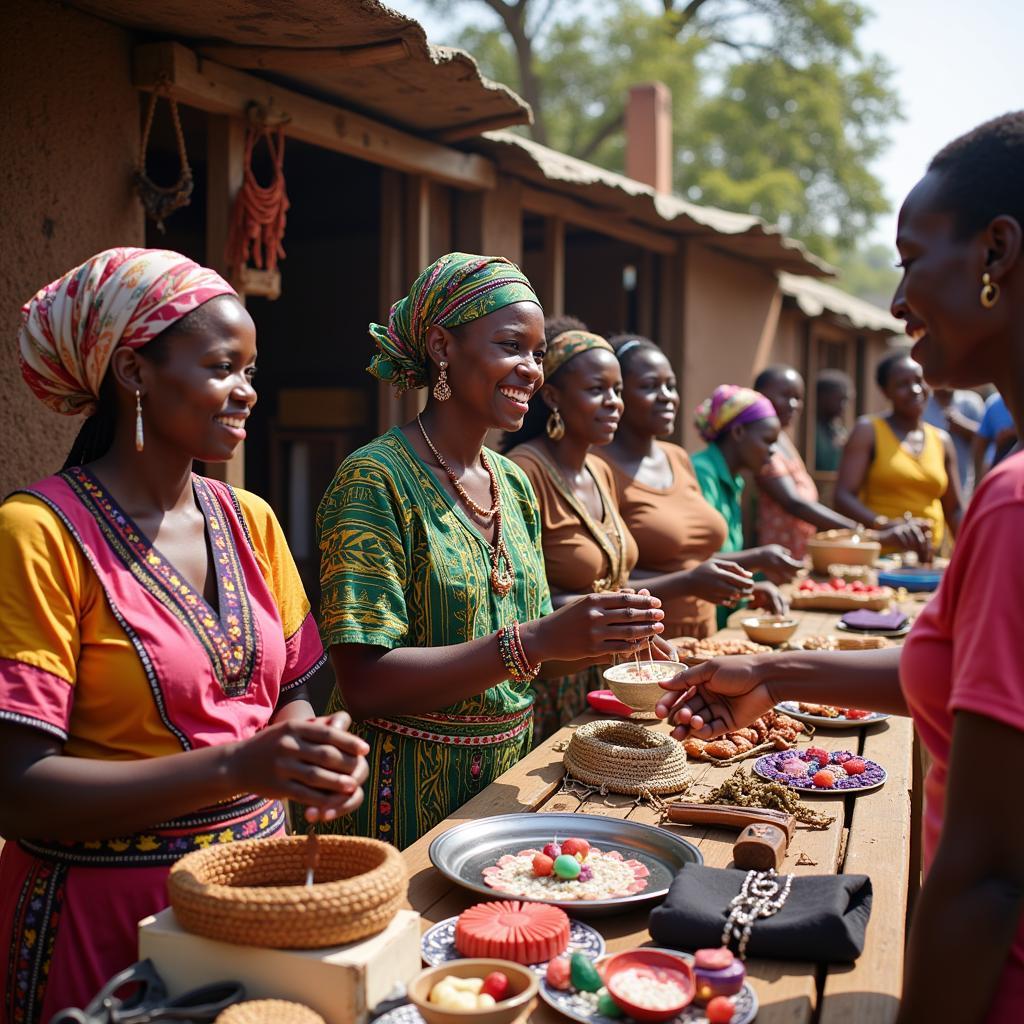 African women selling crafts to tourists