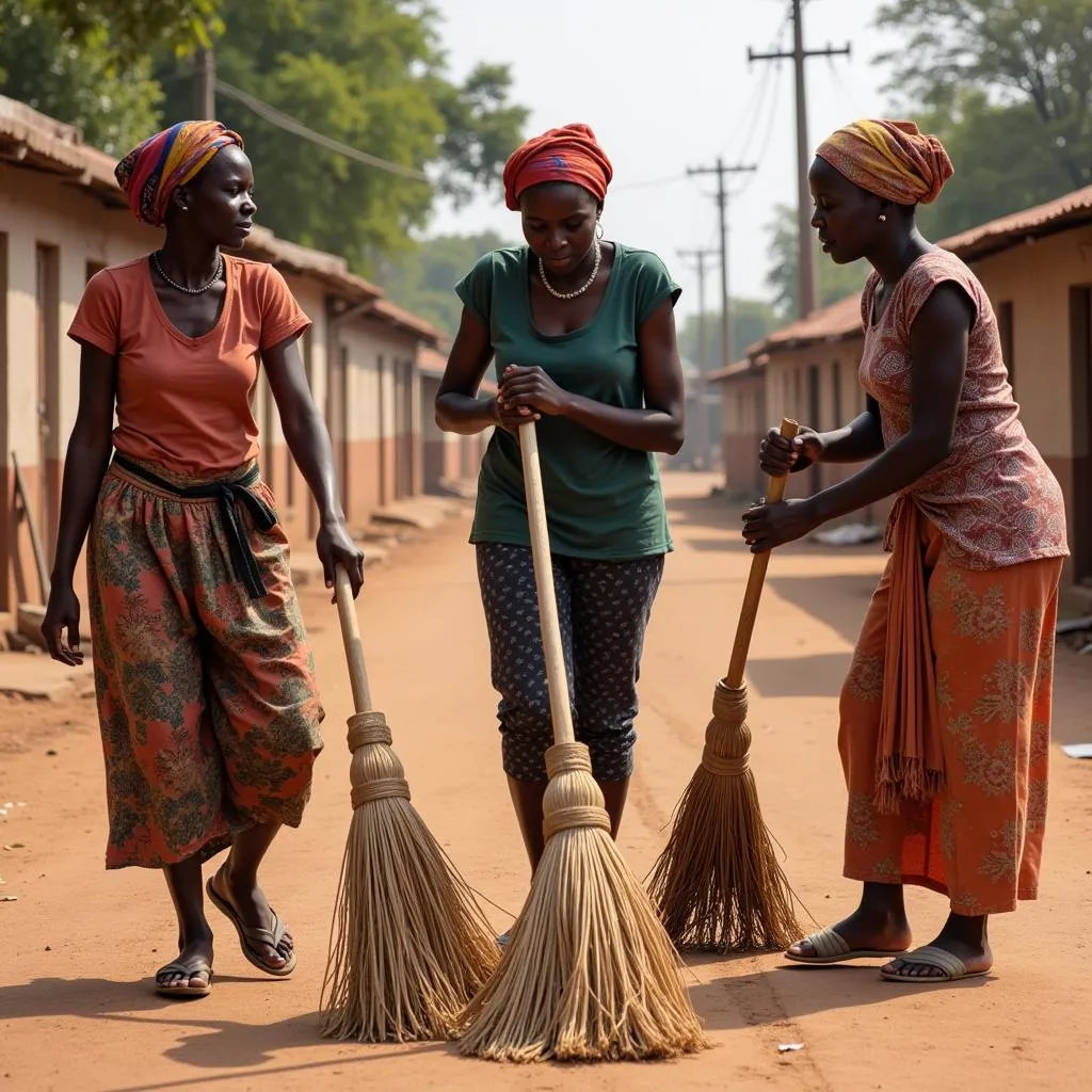 African women sweeping a street