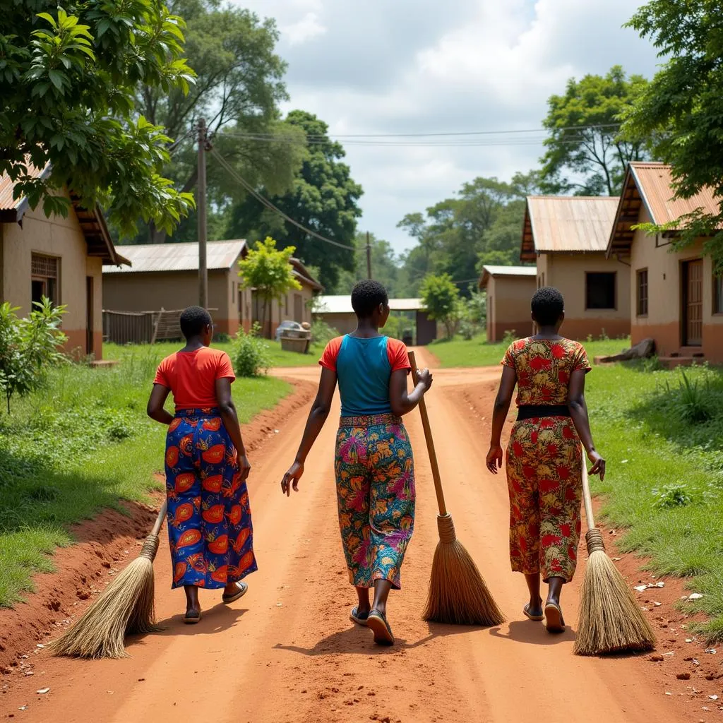 African women sweeping a village street