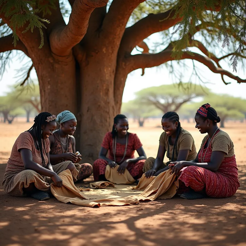 African women meticulously tanning leather