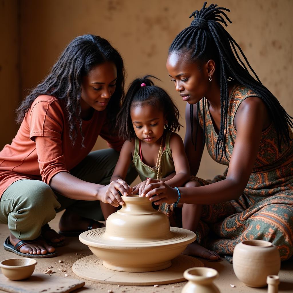 African Women Teaching Young Girl Traditional Pottery