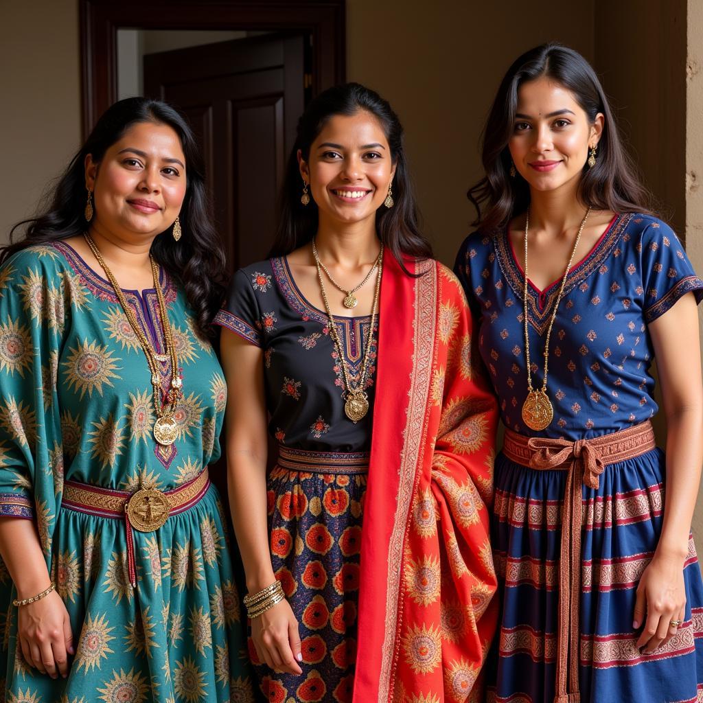 Three African women in colorful traditional attire, smiling confidently at the camera