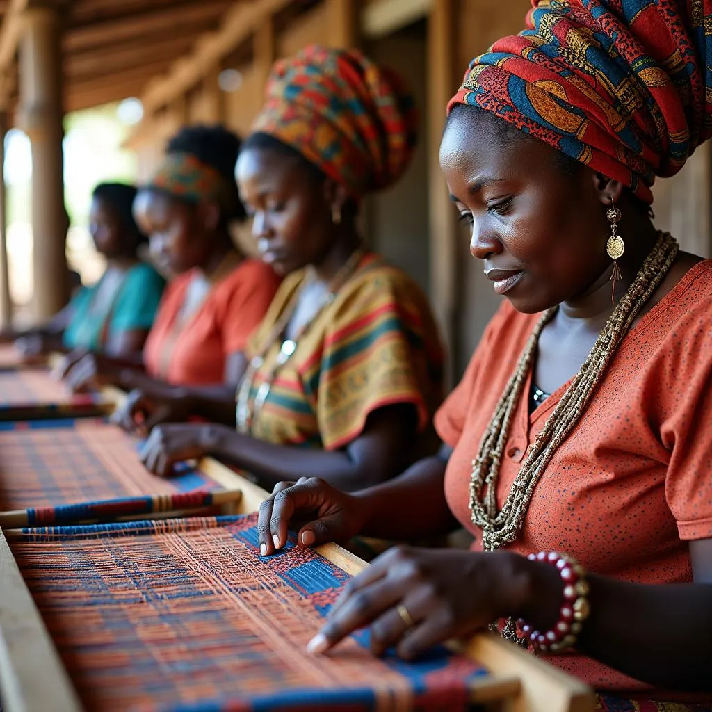 Women Weaving Colorful Textiles in Africa