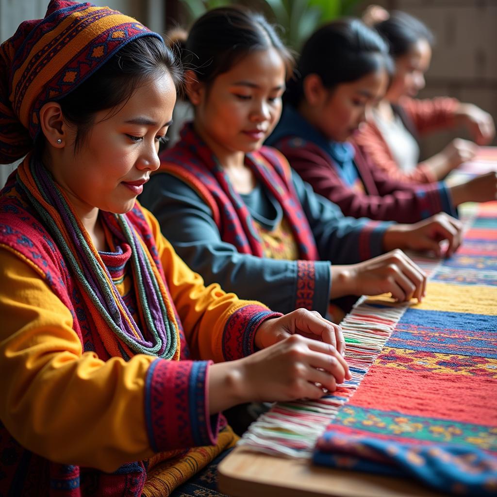 A group of African women weaving traditional textiles