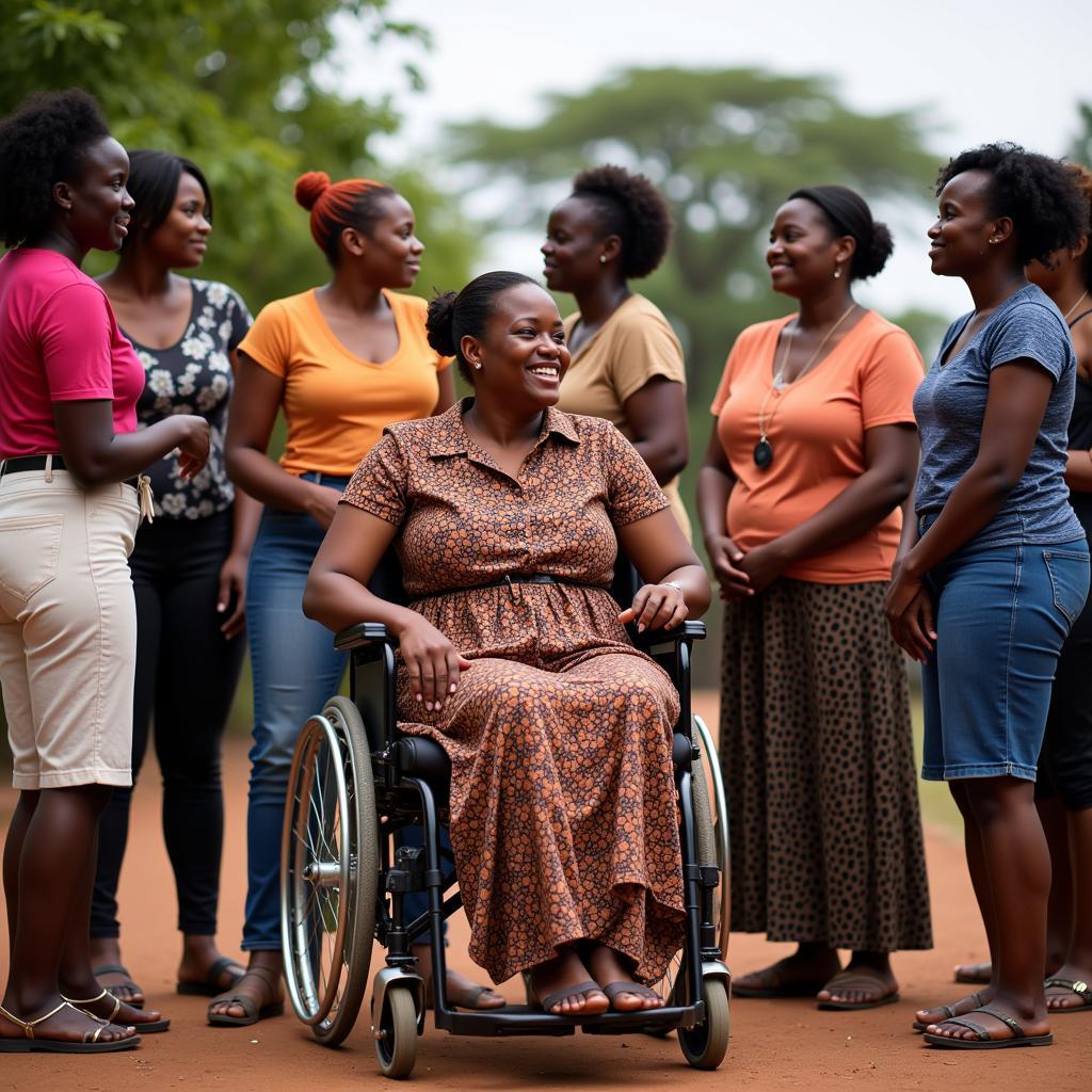 African women with disabilities gather for a community meeting