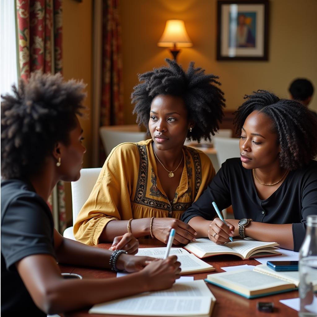 A group of prominent African women writers engaged in a lively discussion