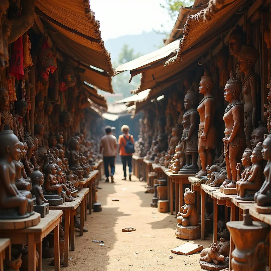 African wooden statues in a market