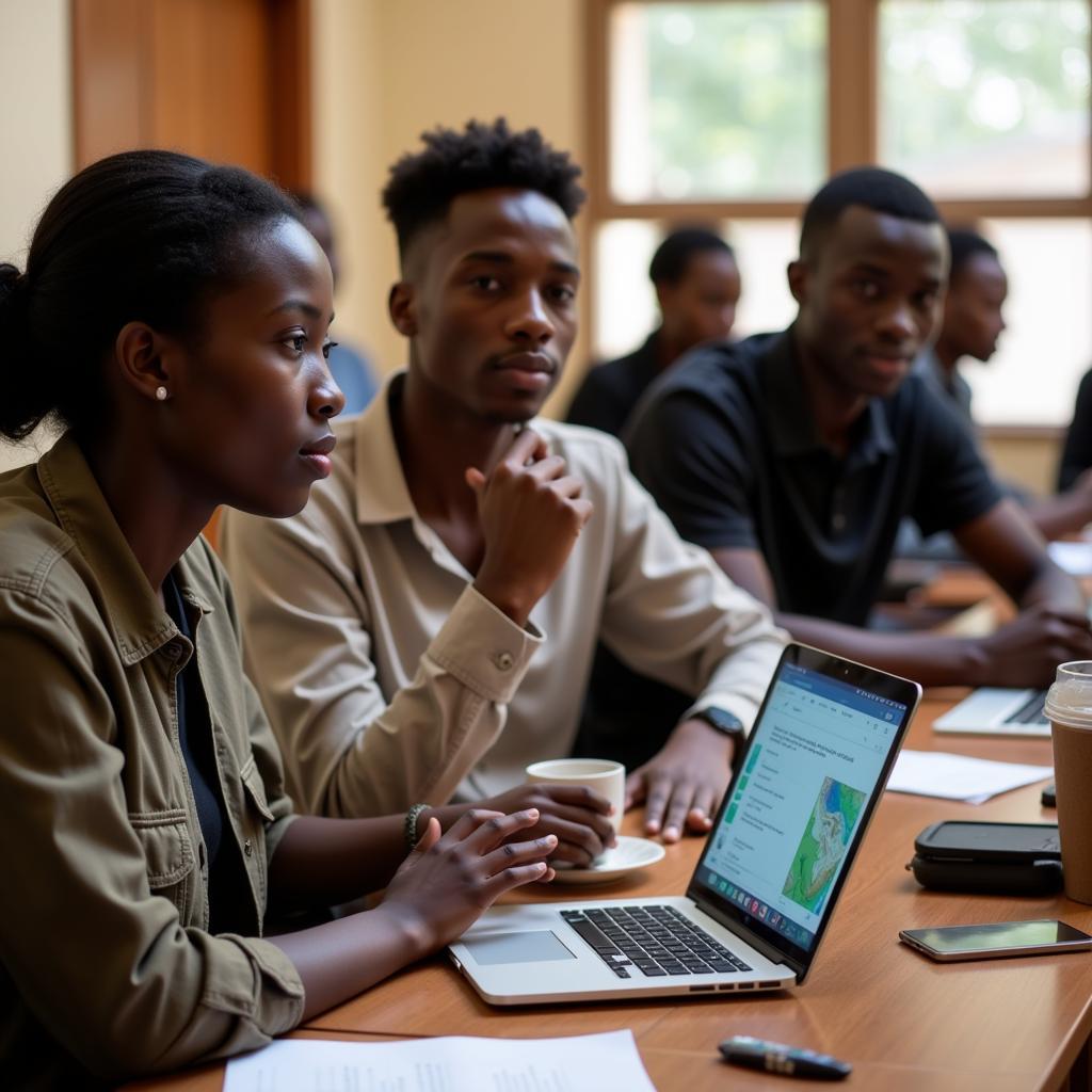 A group of young Africans engaged in a workshop discussing climate change solutions.