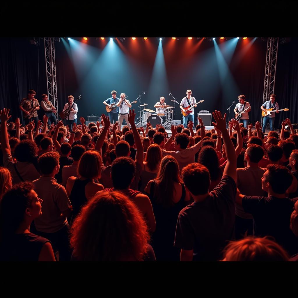 Energetic crowd dancing at an outdoor Afrobeat concert