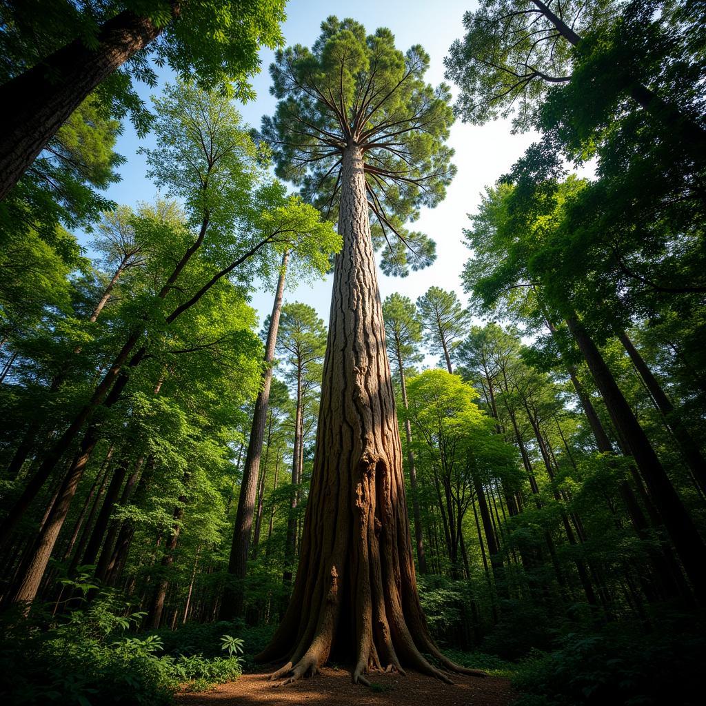 Afromosia tree reaching towards the forest canopy, demonstrating its height and growth habit.