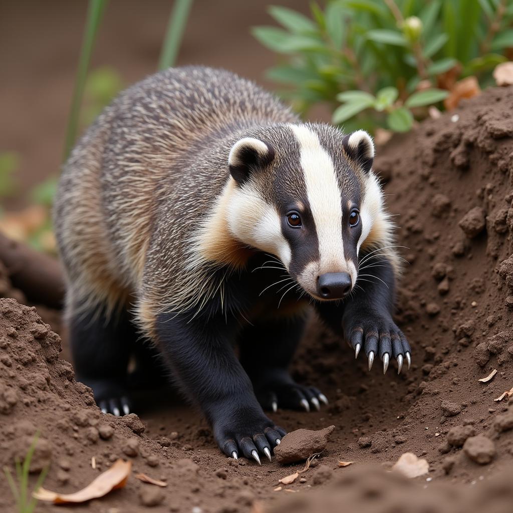 American Badger Unearthing Prey: Armed with powerful claws, the American badger digs for prey, showcasing its strength and unique hunting strategy.