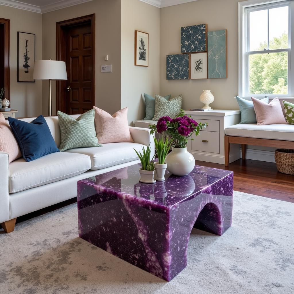 Amethyst rectangle coffee table in a modern living room