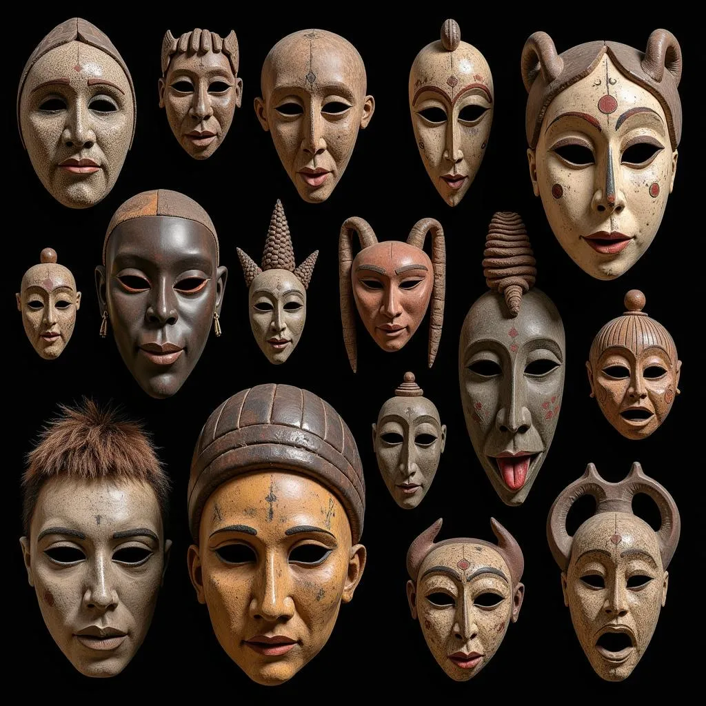 A collection of vibrant and diverse African masks