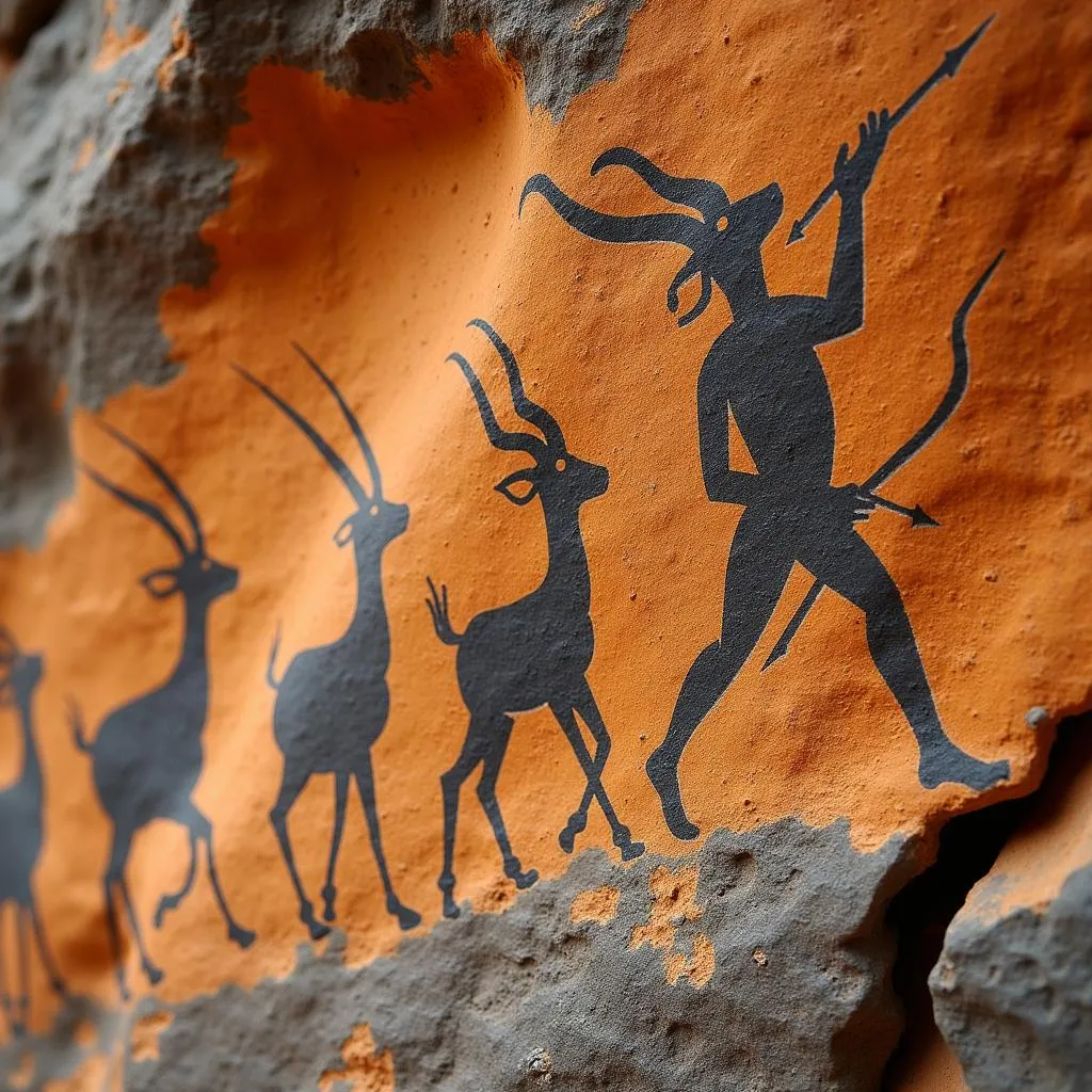 Ancient African rock art depicting antelope hunting