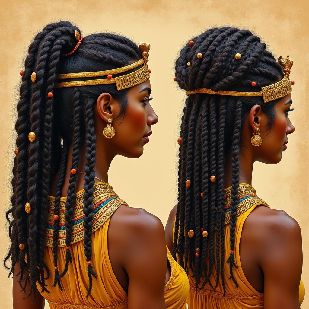 Ancient Egyptian women with elaborate braided hairstyles