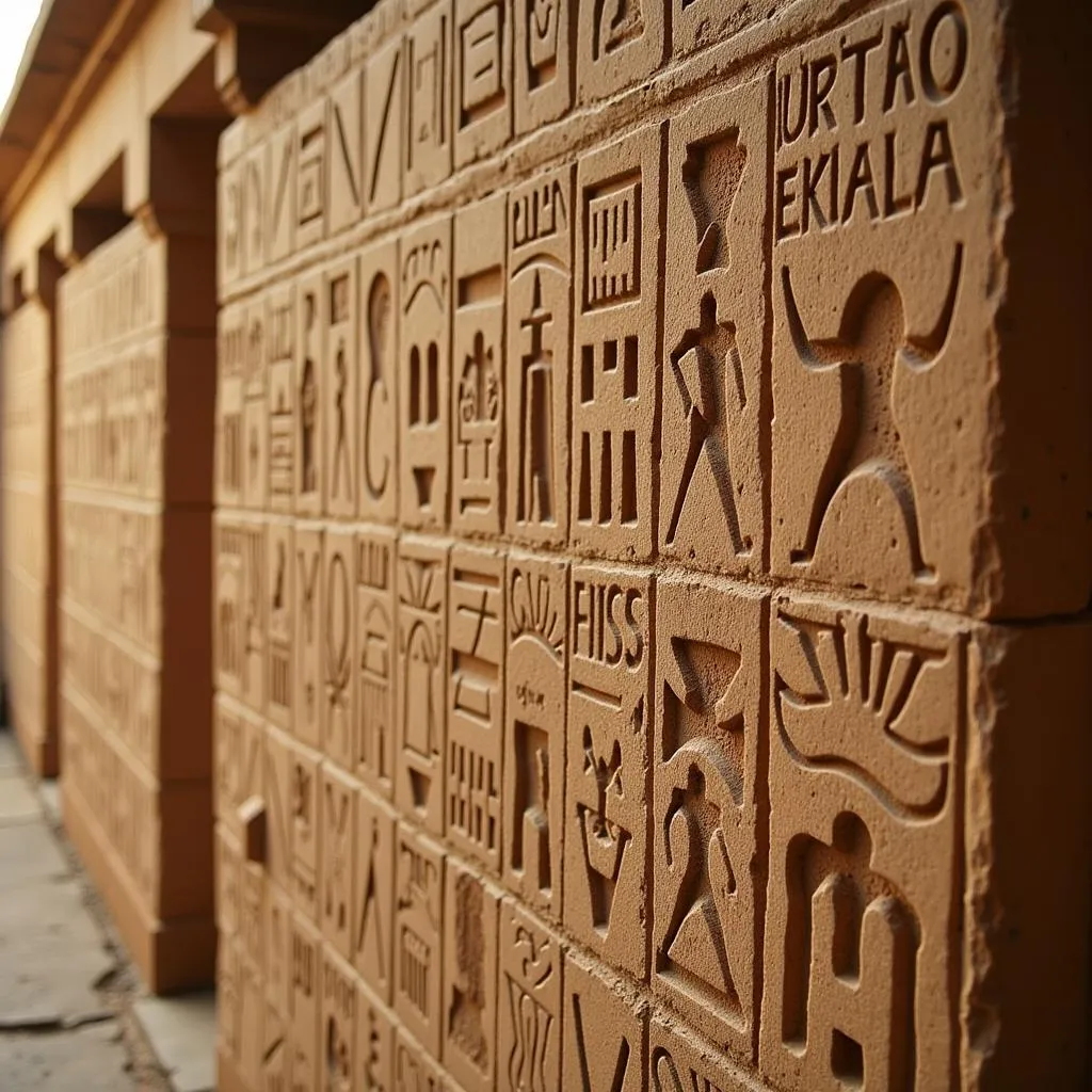 Ancient Egyptian hieroglyphs carved into a temple wall