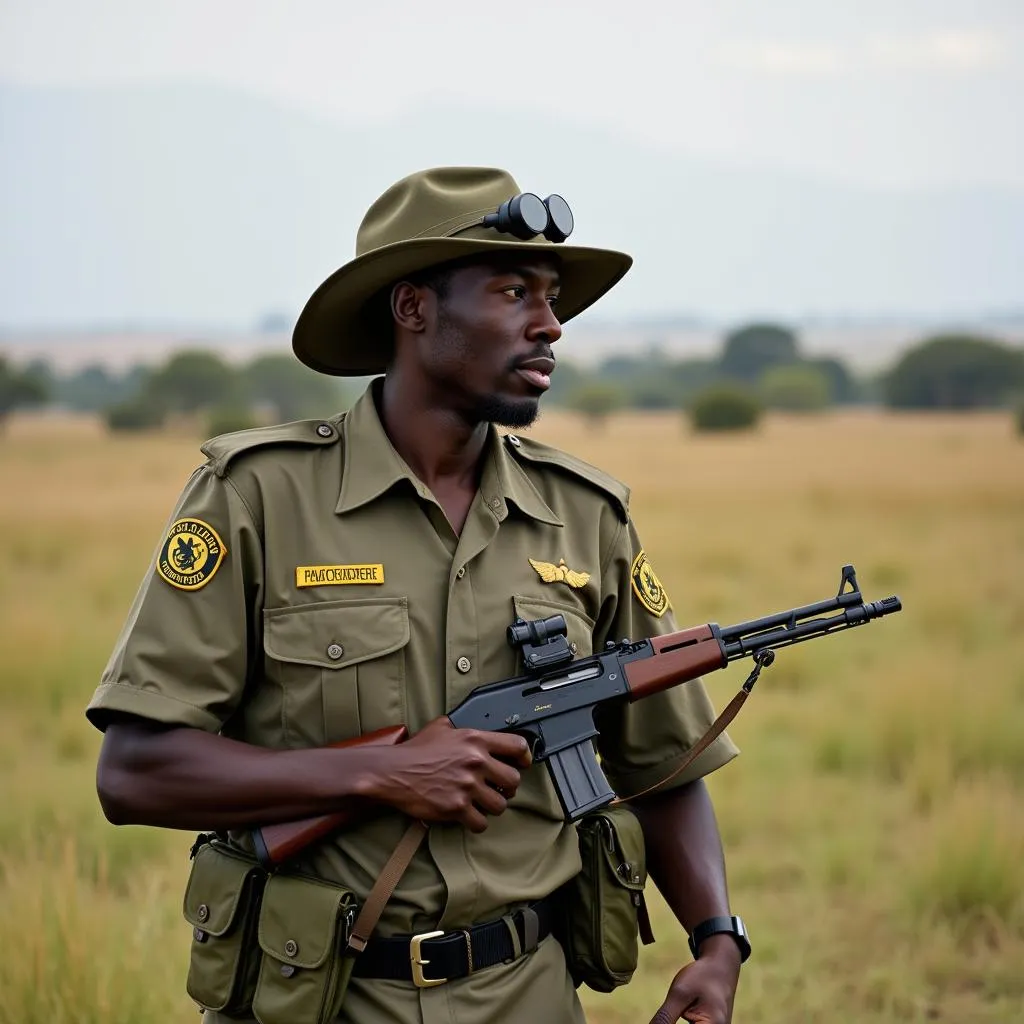 An anti-poaching ranger patrolling the African savanna