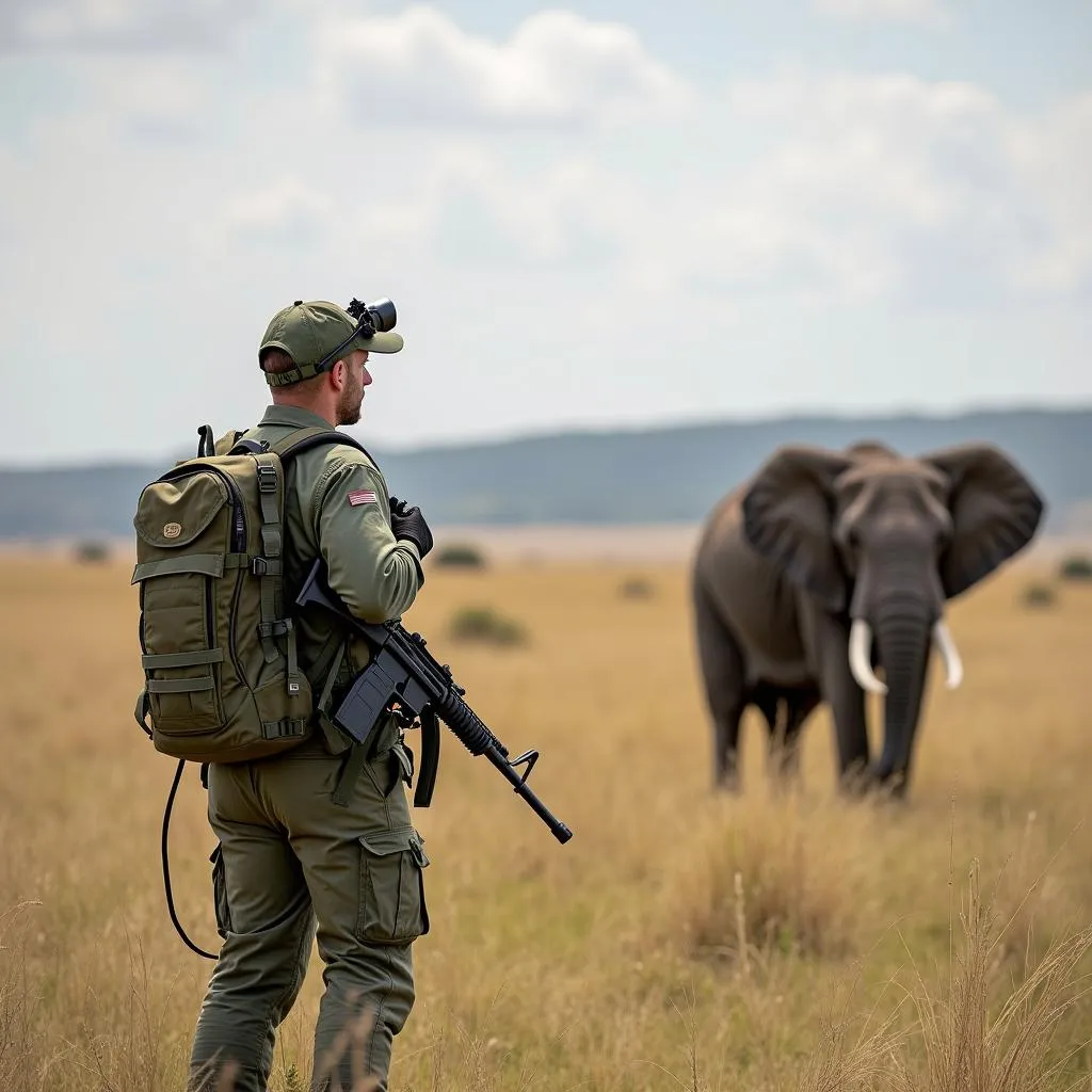 Anti-poaching ranger patrolling the African savanna