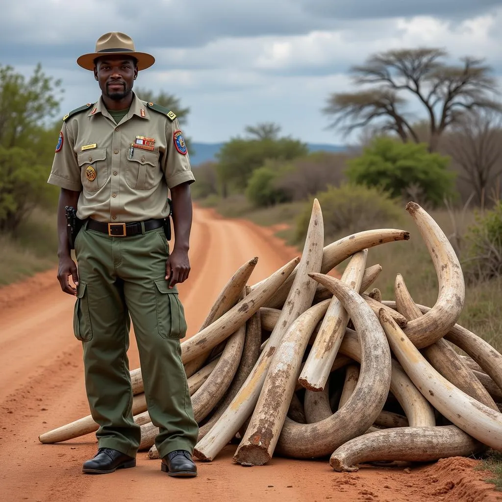 Anti-poaching ranger with confiscated ivory