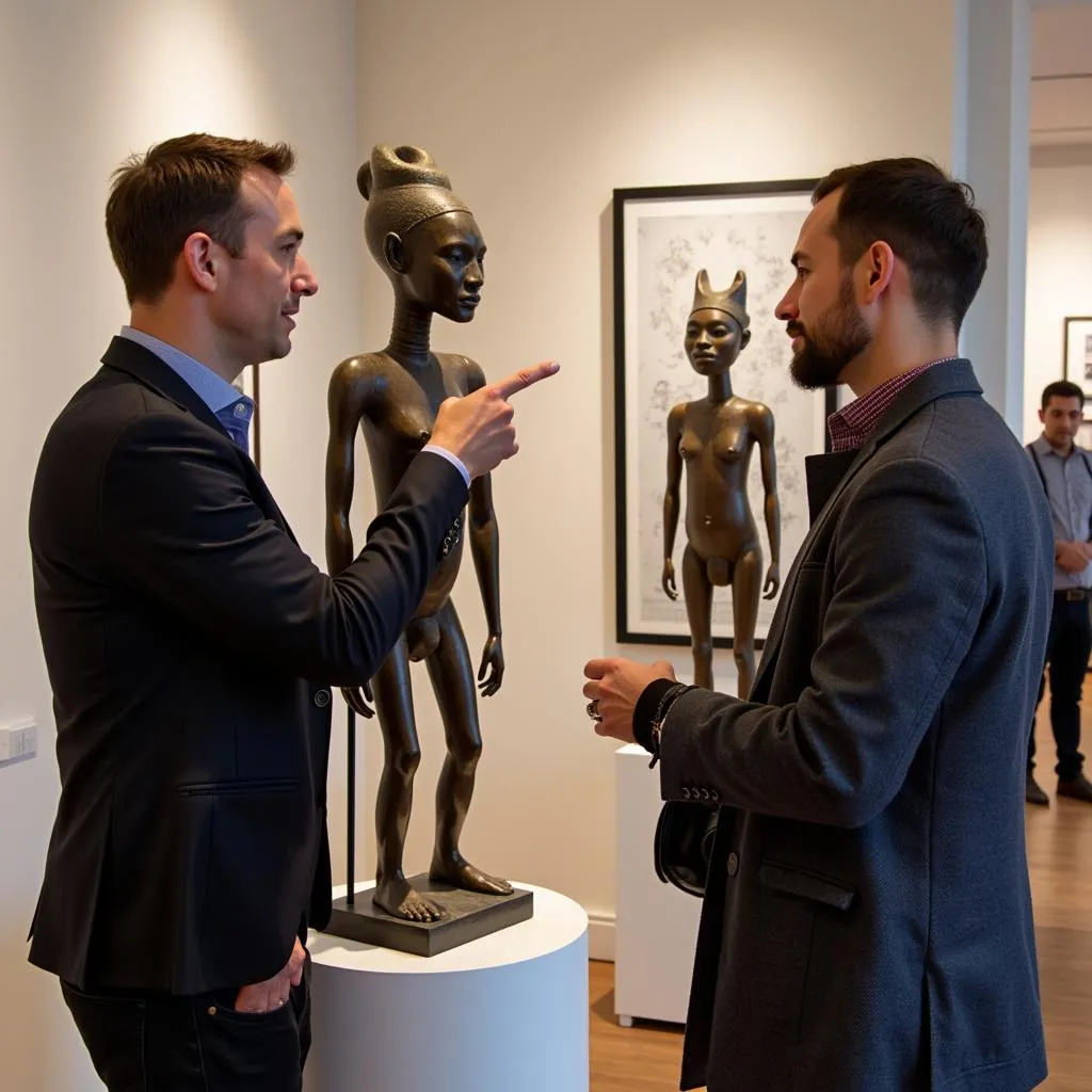 Art Dealer Discussing African Sculpture with Client