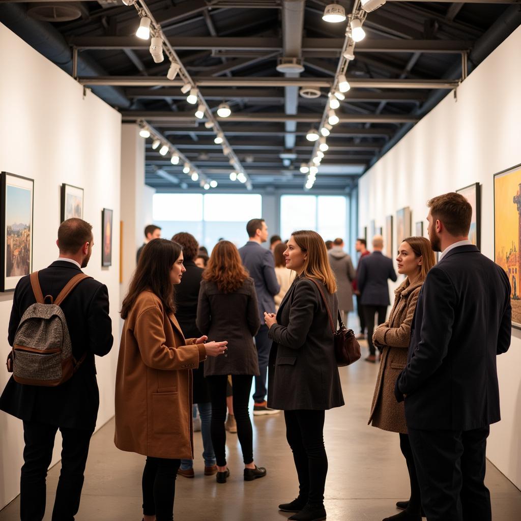 Art enthusiasts engaged in a lively discussion in front of a vibrant contemporary African painting.