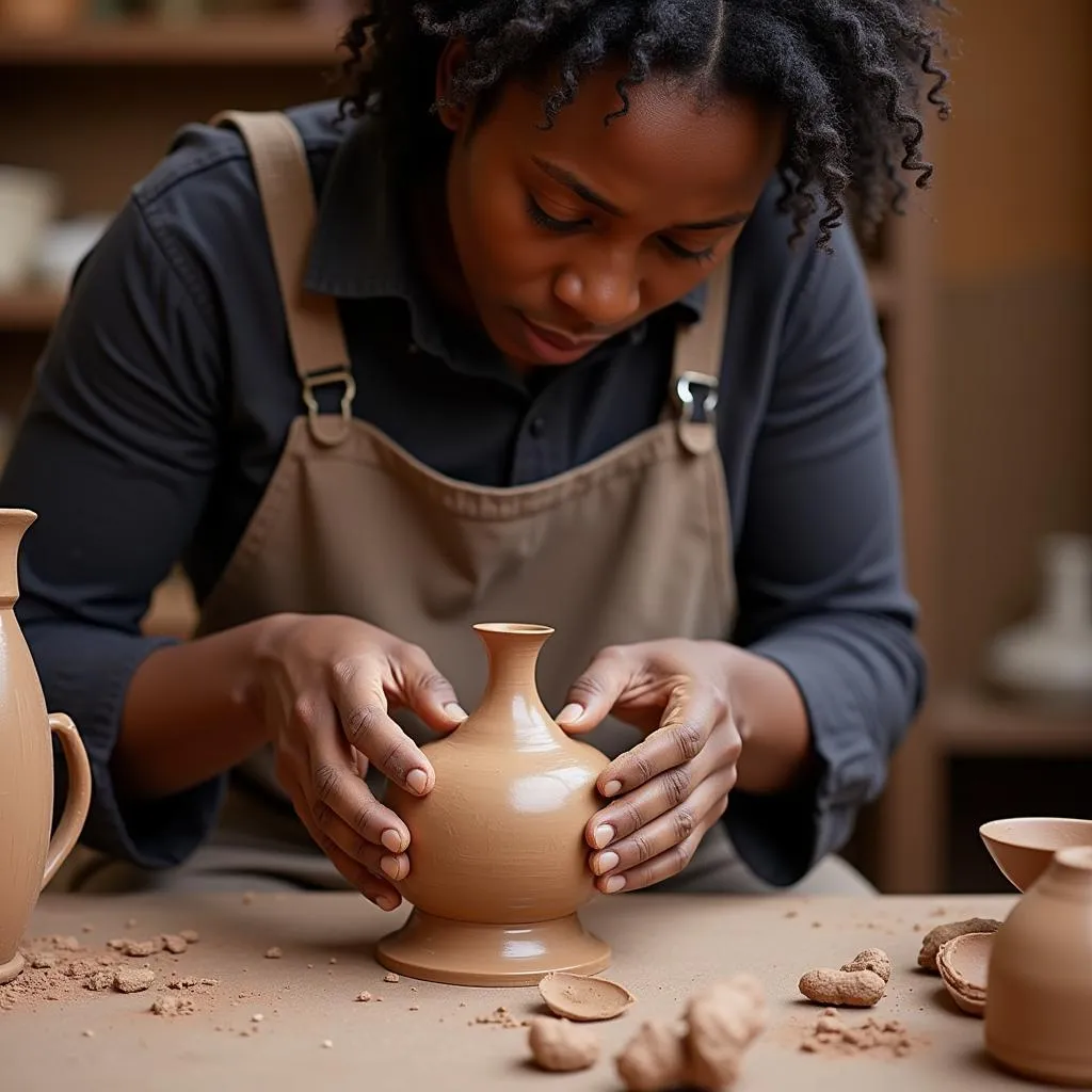 Ashanti artisan shaping clay for a kingfisher vessel